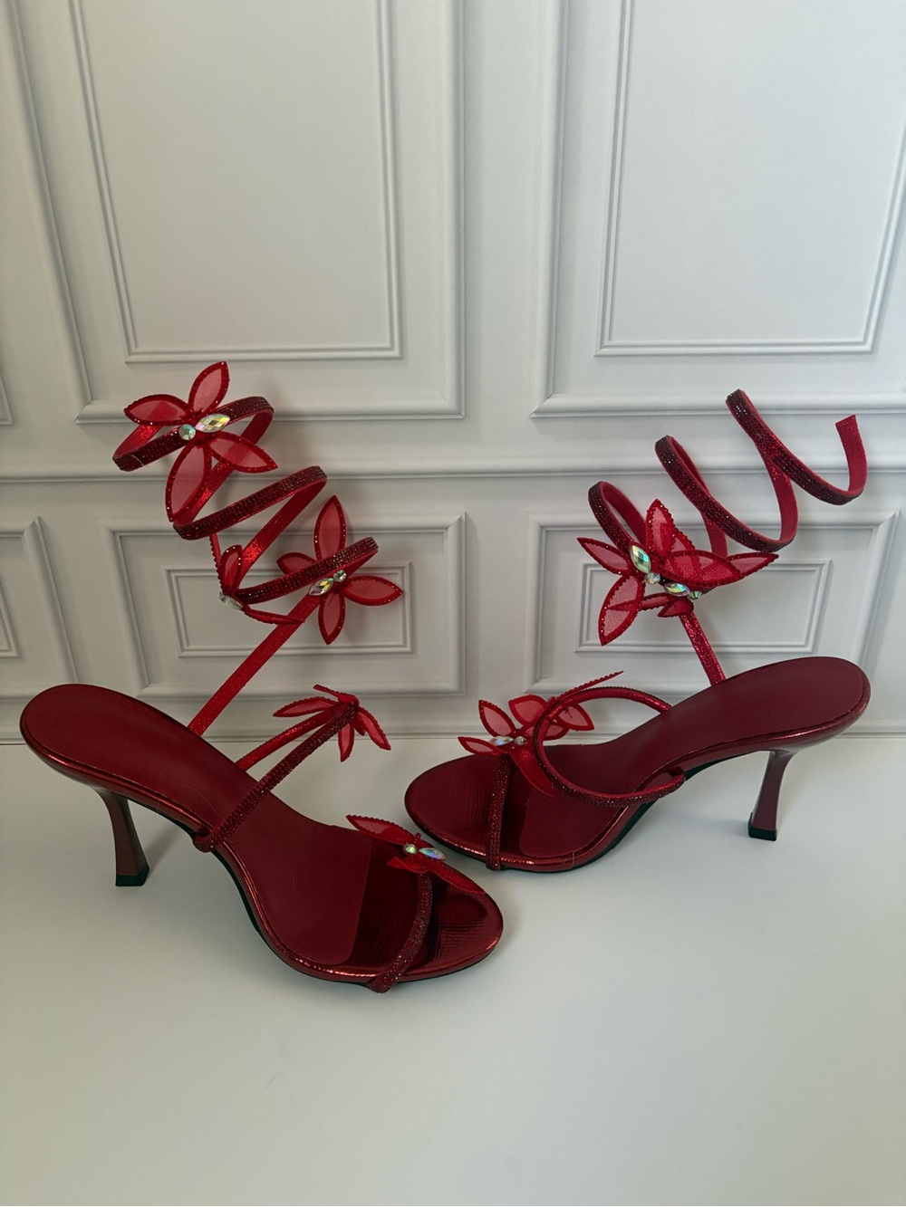 New Red Rhinestone Floral Heels – Size 5 US